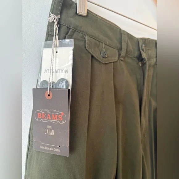 Beams Plus Pleated Chino Trousers, Cotton, Olive Green Size Medium NWT